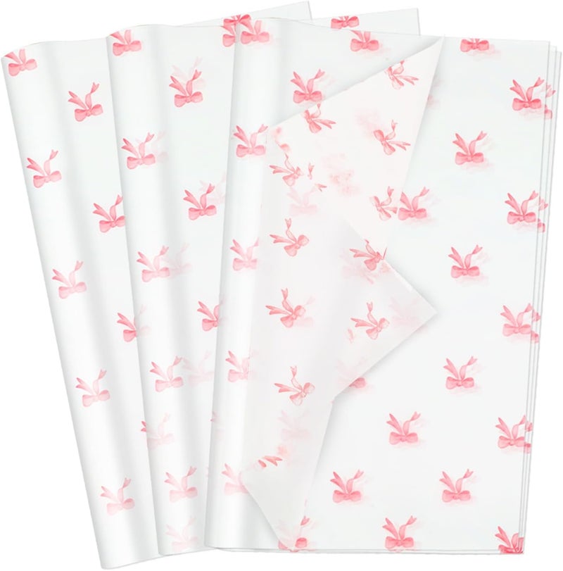 Ethanberg 60 Sheets Gift Wrapping Tissue Paper Bulk, Pink Bow Printed Tissue Paper for Gift Bags, Decorative Art Papers for DIY Crafts Wedding Birthday Baby Showers Holiday Party Decor, 20x14 Inches - Image 1